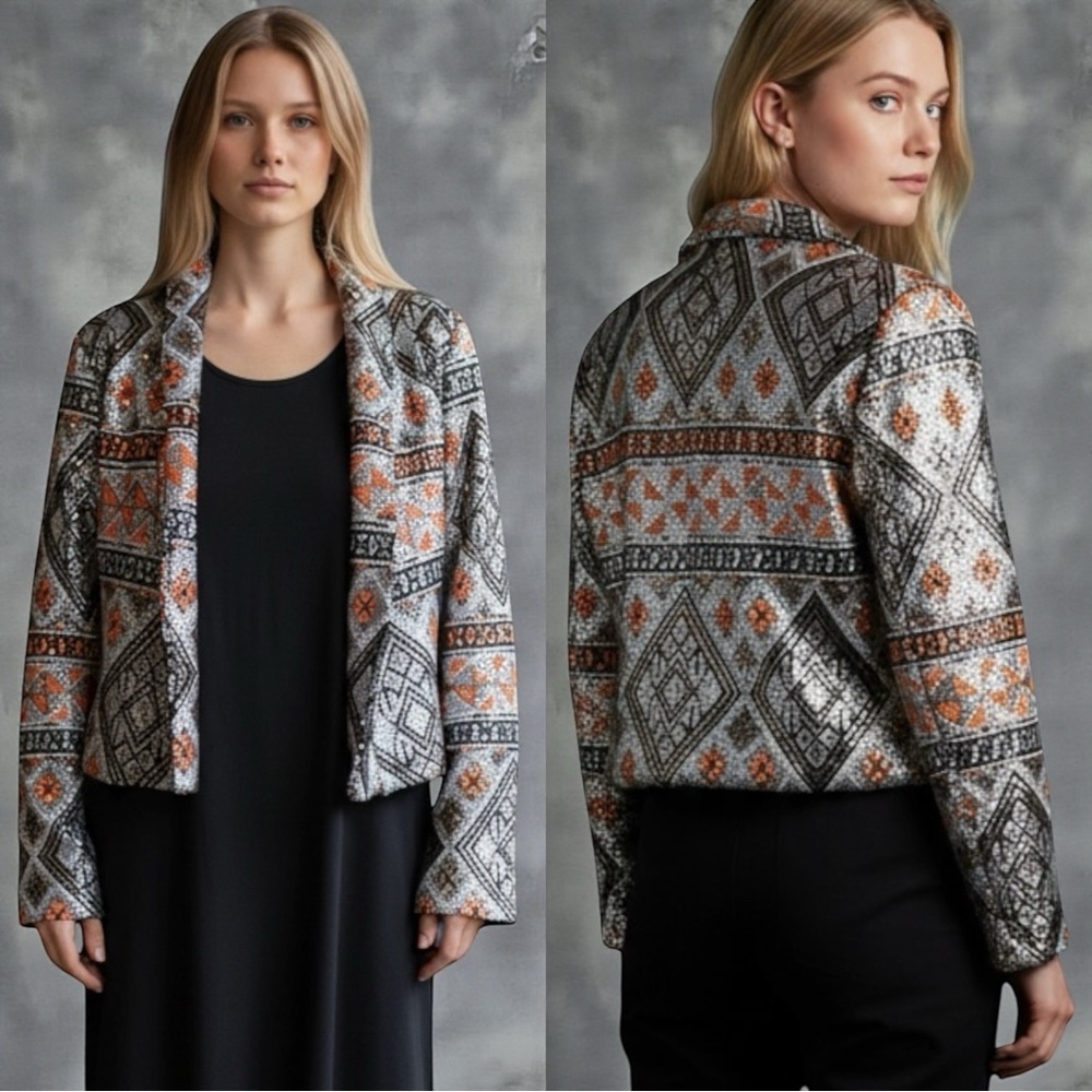 Adore Full Sequin Tribal Aztec Pattern Cropped Y2K Jacket Women’s Size L